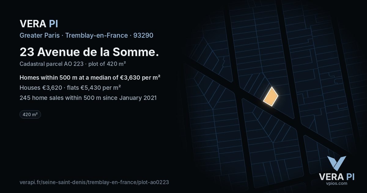 23 Avenue de la Somme, Tremblay-en-France at night – the plot lit, the parcels around coloured by the prices near them