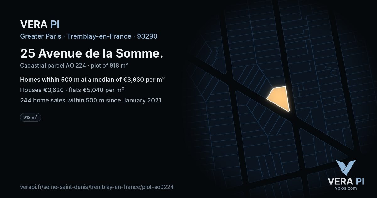 25 Avenue de la Somme, Tremblay-en-France at night – the plot lit, the parcels around coloured by the prices near them