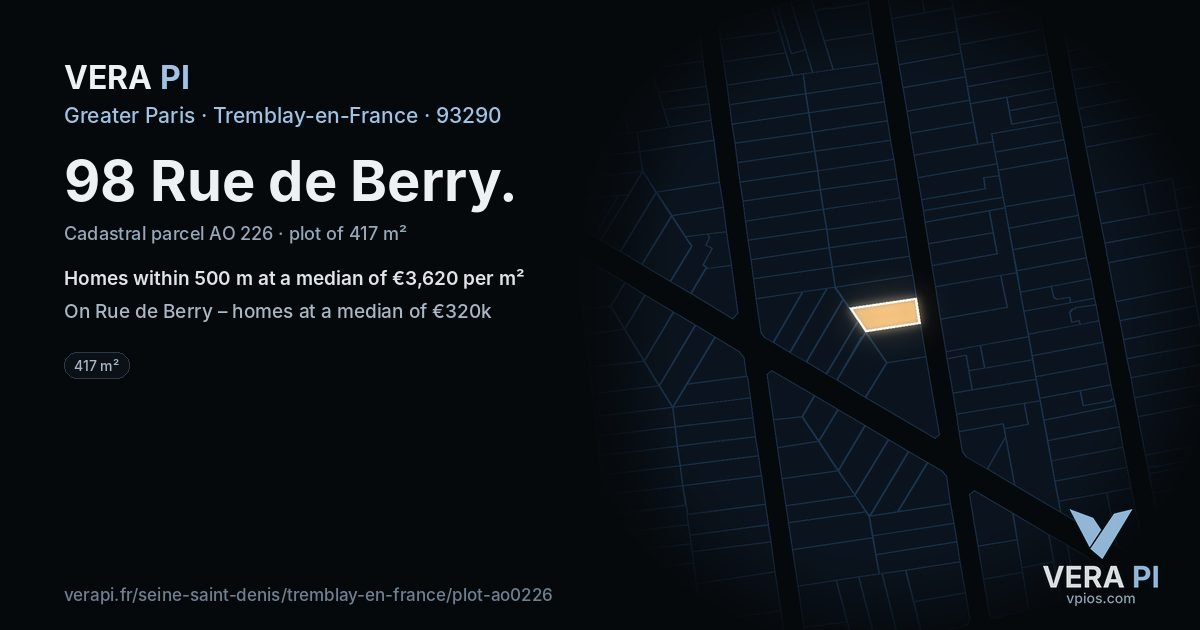 98 Rue de Berry, Tremblay-en-France at night – the plot lit, the parcels around coloured by the prices near them