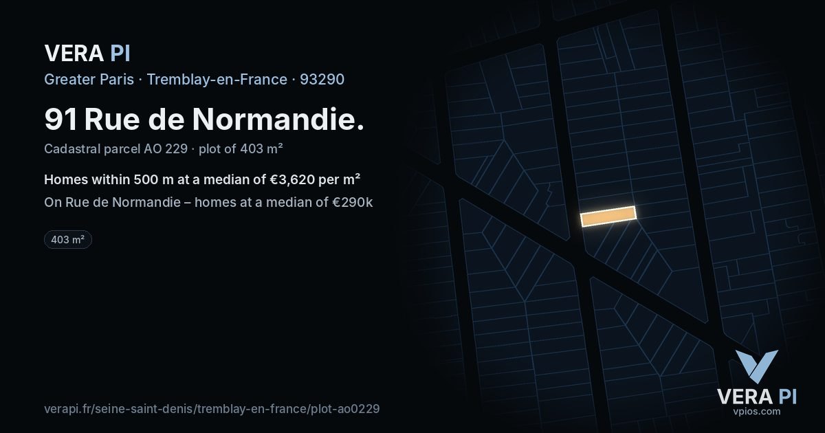 91 Rue de Normandie, Tremblay-en-France at night – the plot lit, the parcels around coloured by the prices near them