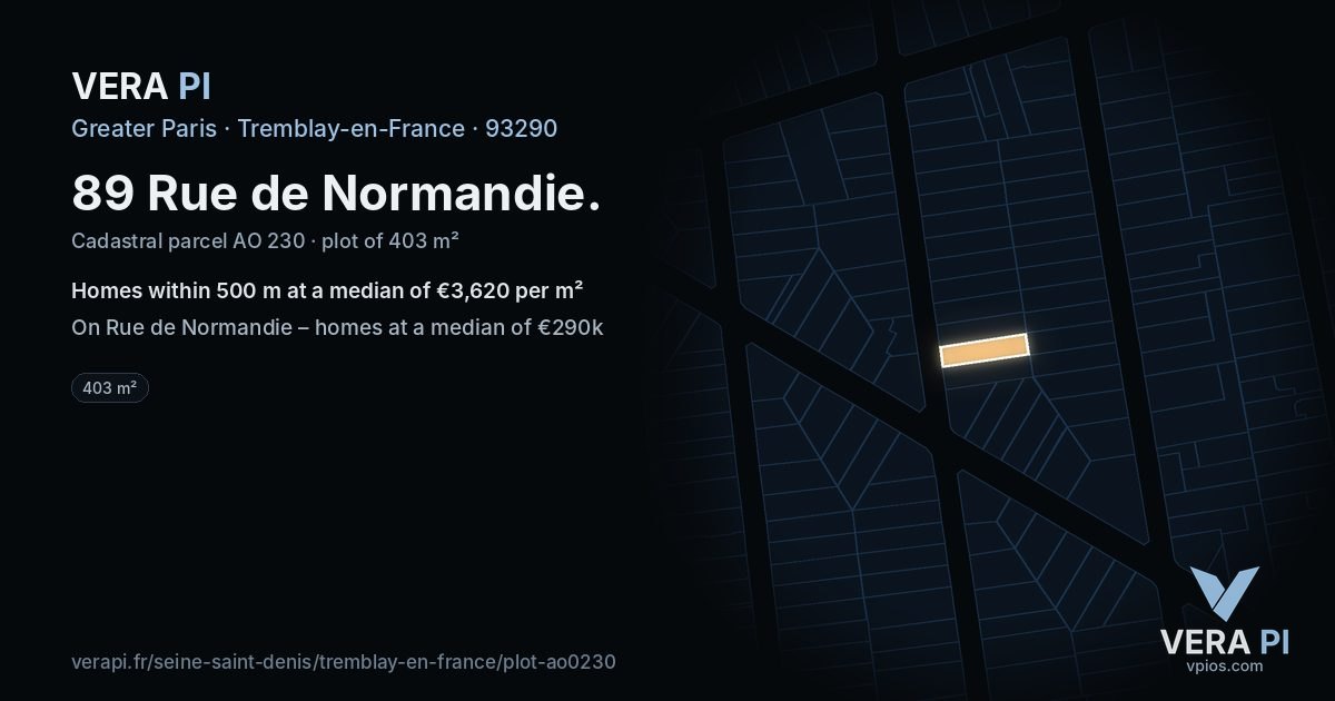 89 Rue de Normandie, Tremblay-en-France at night – the plot lit, the parcels around coloured by the prices near them