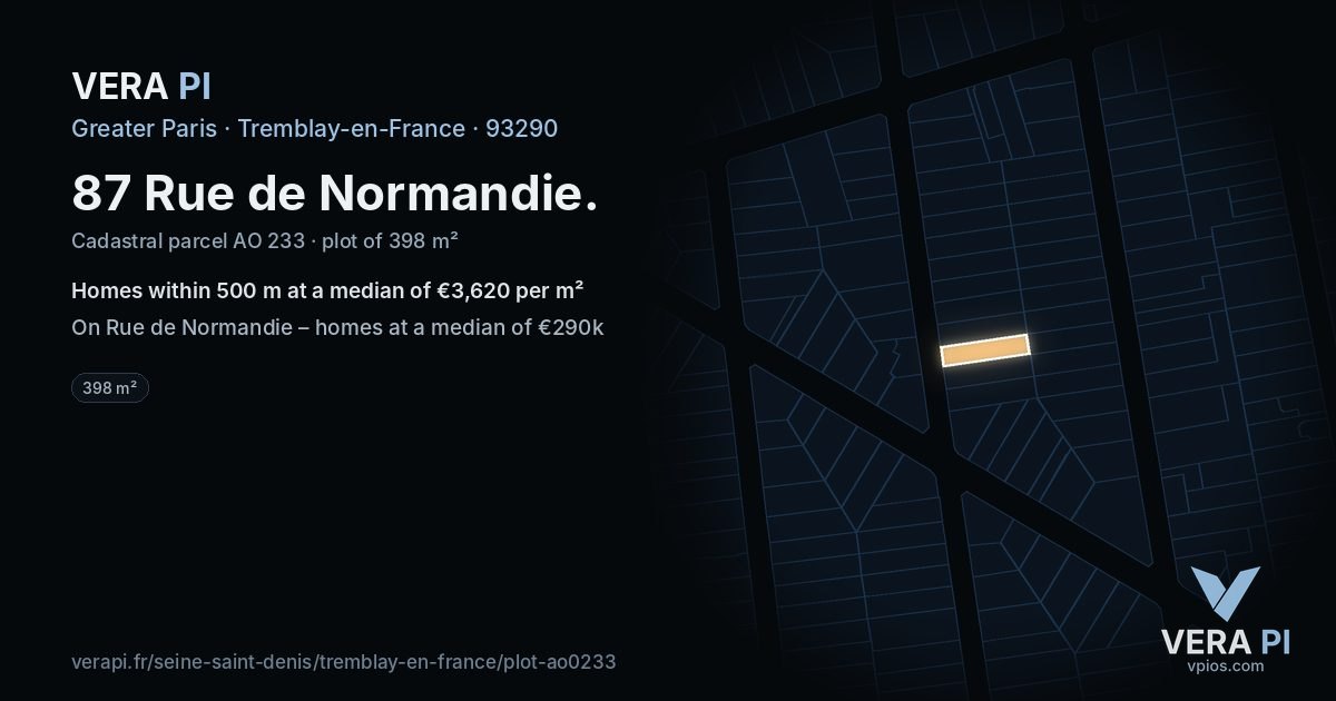 87 Rue de Normandie, Tremblay-en-France at night – the plot lit, the parcels around coloured by the prices near them