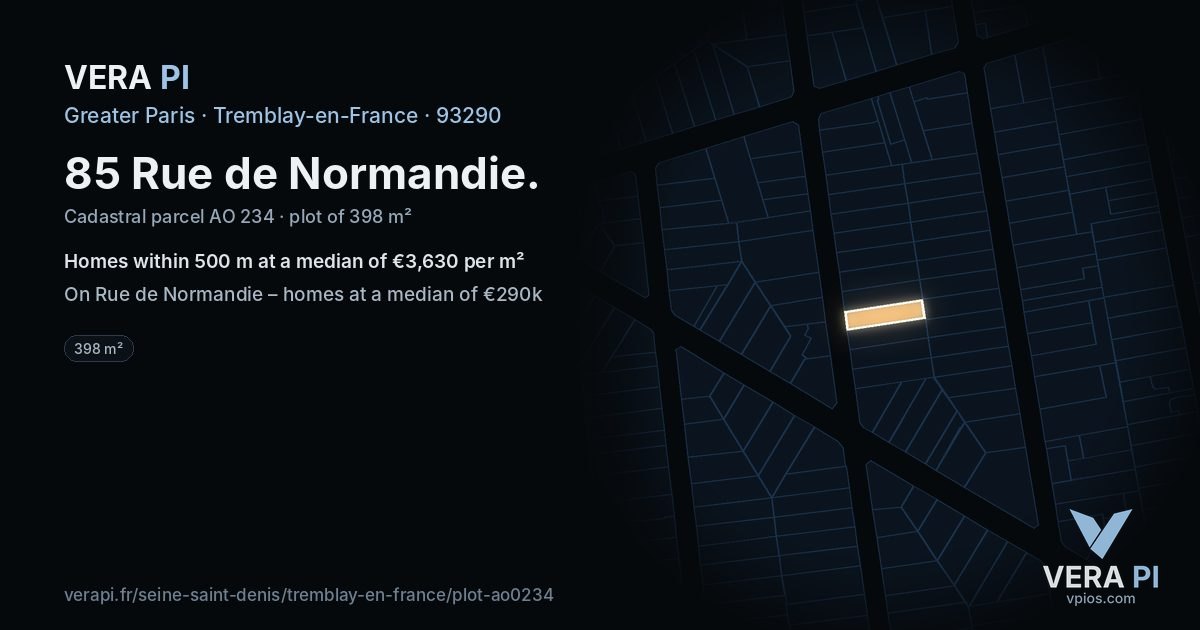 85 Rue de Normandie, Tremblay-en-France at night – the plot lit, the parcels around coloured by the prices near them