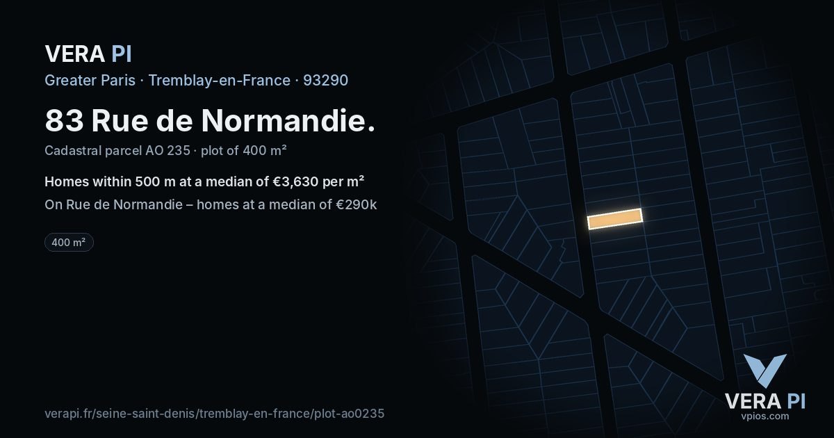 83 Rue de Normandie, Tremblay-en-France at night – the plot lit, the parcels around coloured by the prices near them