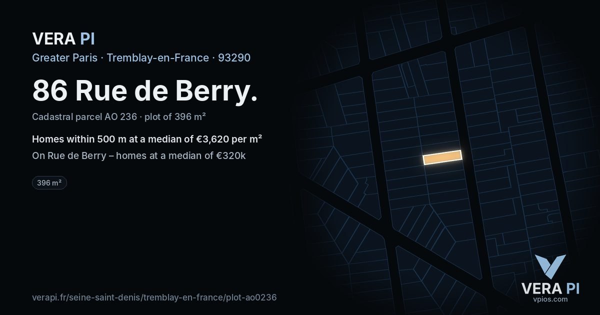 86 Rue de Berry, Tremblay-en-France at night – the plot lit, the parcels around coloured by the prices near them