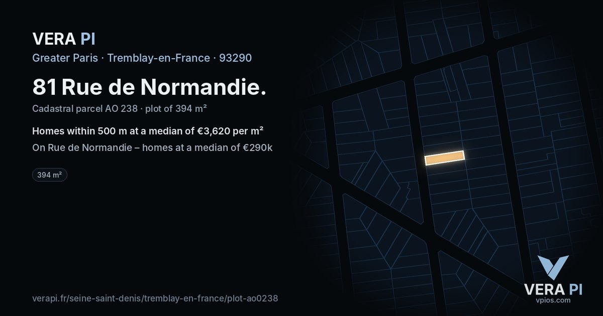 81 Rue de Normandie, Tremblay-en-France at night – the plot lit, the parcels around coloured by the prices near them
