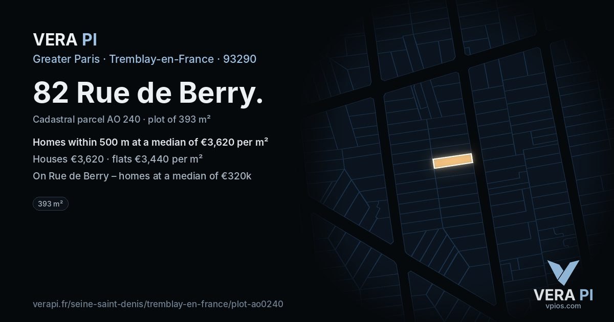 82 Rue de Berry, Tremblay-en-France at night – the plot lit, the parcels around coloured by the prices near them
