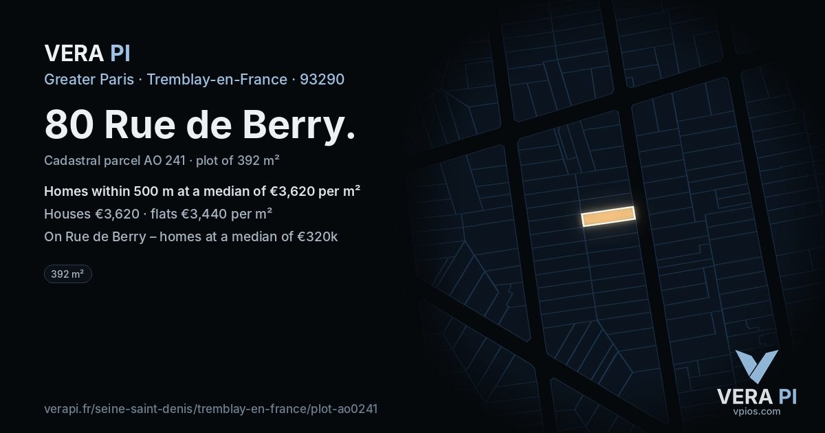 80 Rue de Berry, Tremblay-en-France at night – the plot lit, the parcels around coloured by the prices near them
