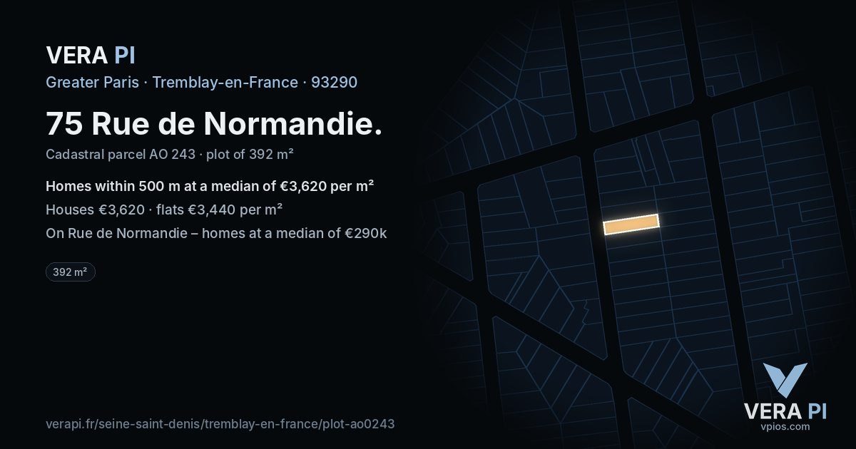 75 Rue de Normandie, Tremblay-en-France at night – the plot lit, the parcels around coloured by the prices near them