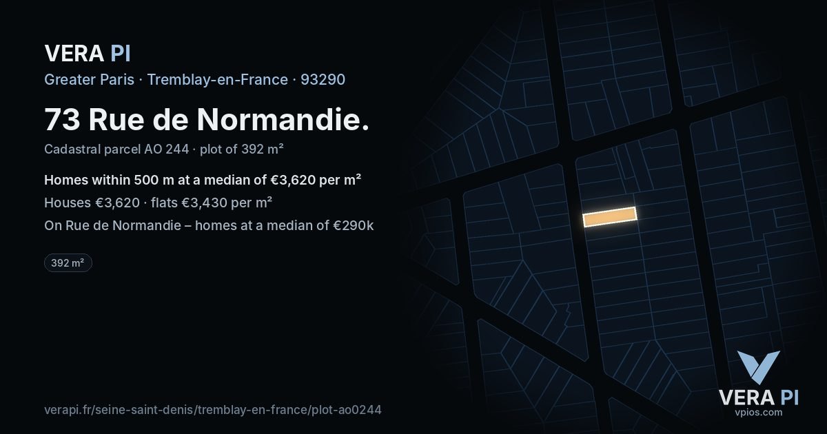 73 Rue de Normandie, Tremblay-en-France at night – the plot lit, the parcels around coloured by the prices near them