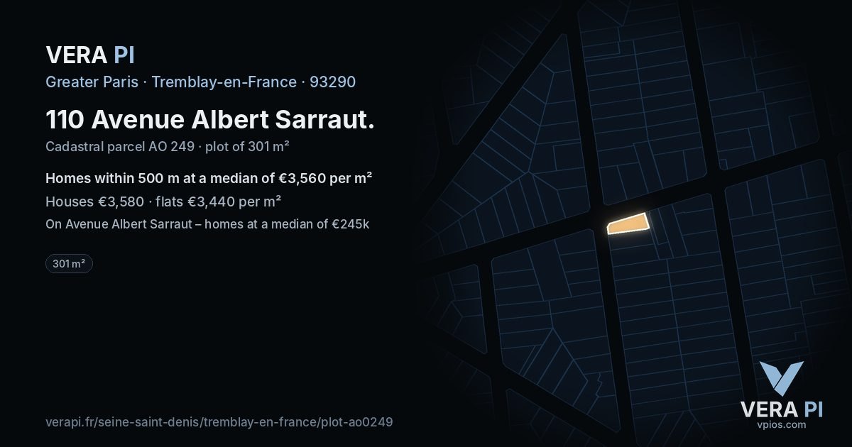 110 Avenue Albert Sarraut, Tremblay-en-France at night – the plot lit, the parcels around coloured by the prices near them