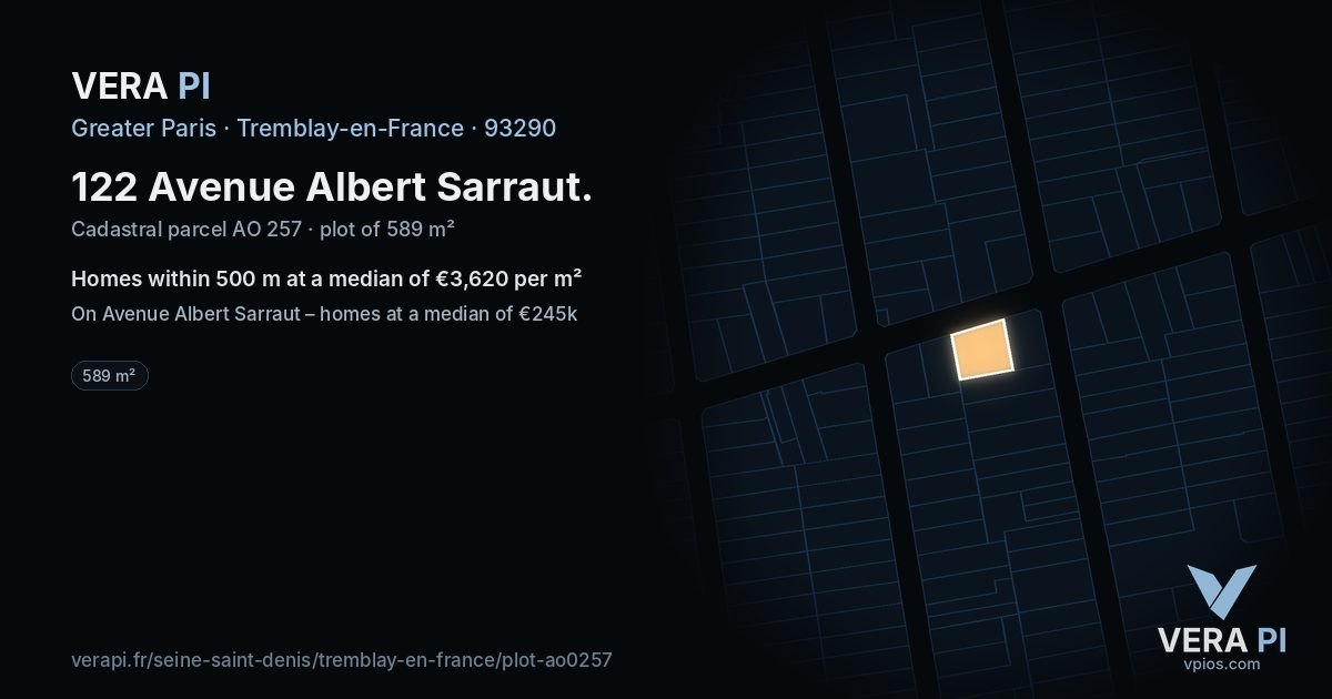 122 Avenue Albert Sarraut, Tremblay-en-France at night – the plot lit, the parcels around coloured by the prices near them