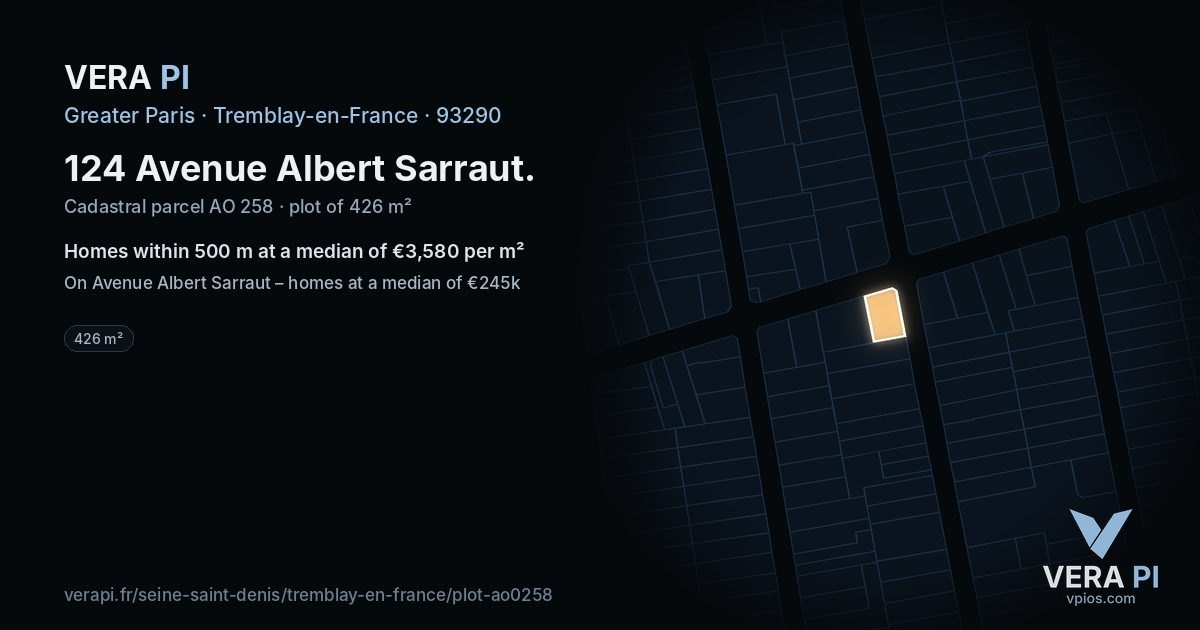 124 Avenue Albert Sarraut, Tremblay-en-France at night – the plot lit, the parcels around coloured by the prices near them