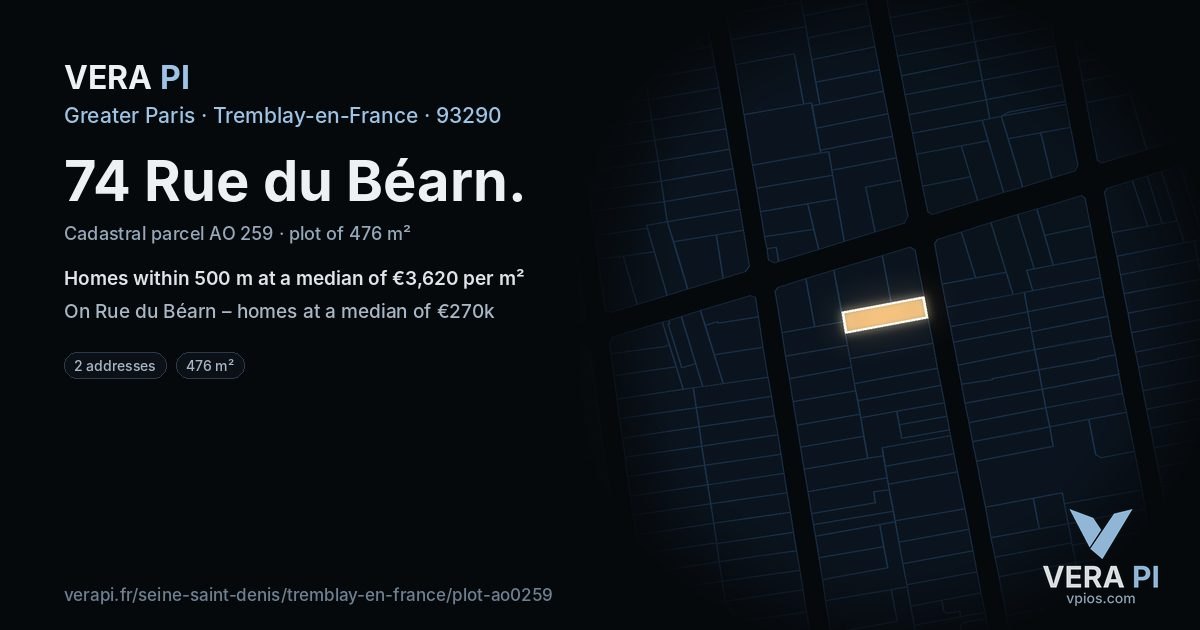 74 Rue du Béarn, Tremblay-en-France at night – the plot lit, the parcels around coloured by the prices near them