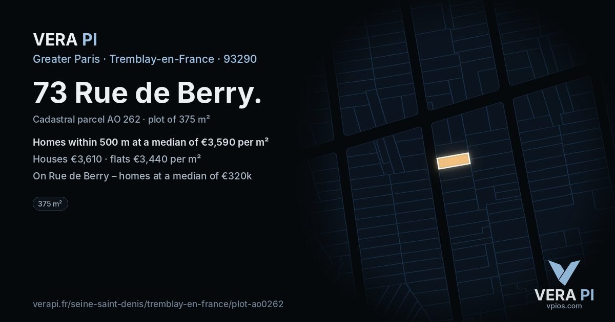 73 Rue de Berry, Tremblay-en-France at night – the plot lit, the parcels around coloured by the prices near them