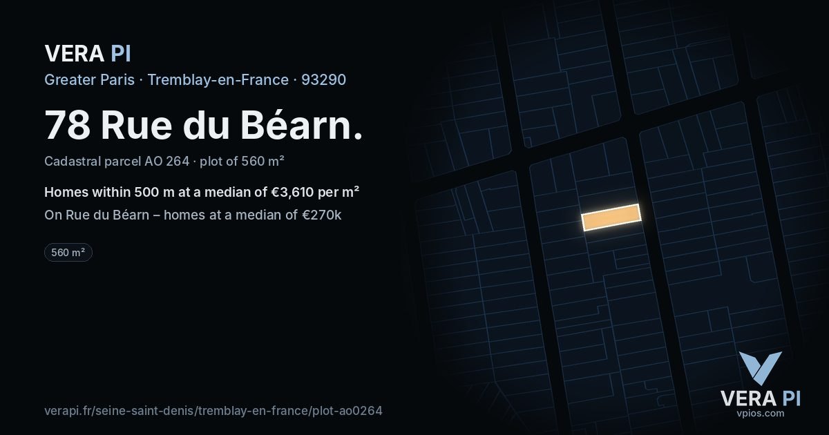 78 Rue du Béarn, Tremblay-en-France at night – the plot lit, the parcels around coloured by the prices near them