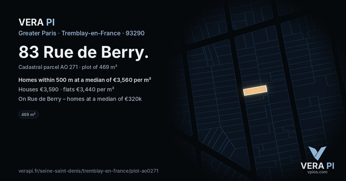 83 Rue de Berry, Tremblay-en-France at night – the plot lit, the parcels around coloured by the prices near them