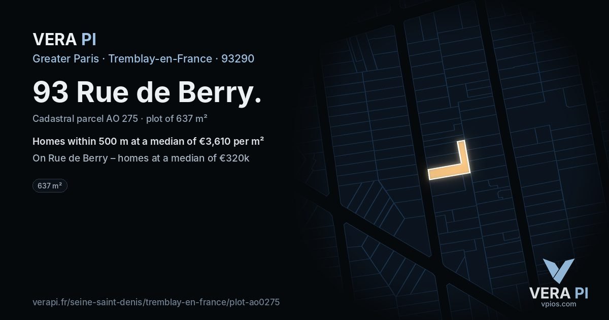 93 Rue de Berry, Tremblay-en-France at night – the plot lit, the parcels around coloured by the prices near them