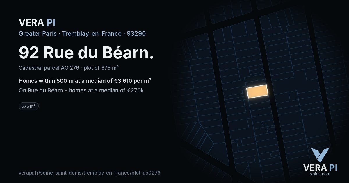 92 Rue du Béarn, Tremblay-en-France at night – the plot lit, the parcels around coloured by the prices near them