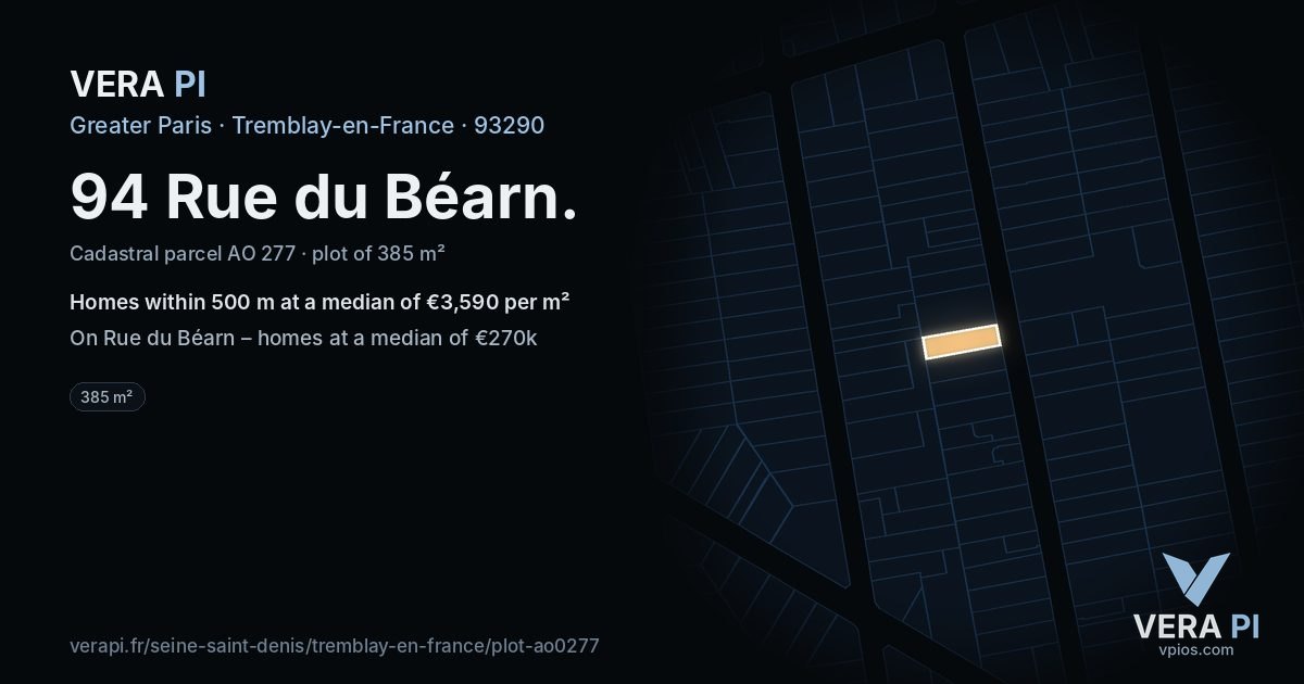 94 Rue du Béarn, Tremblay-en-France at night – the plot lit, the parcels around coloured by the prices near them