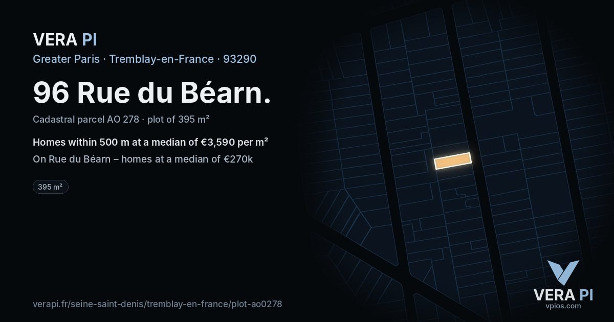 96 Rue du Béarn, Tremblay-en-France at night – the plot lit, the parcels around coloured by the prices near them