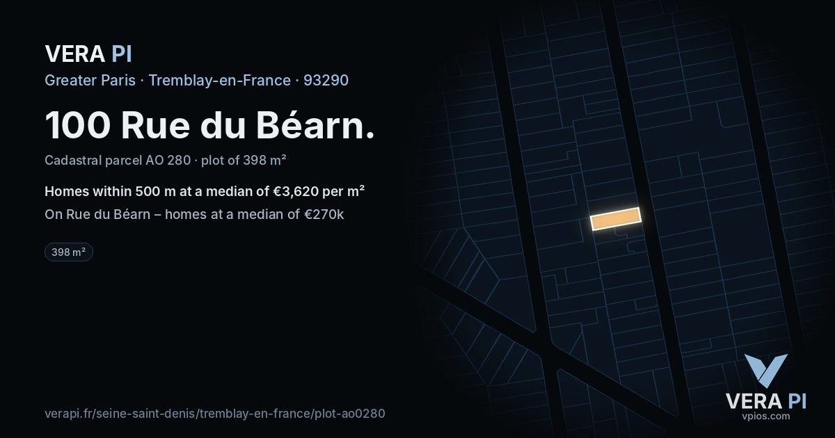 100 Rue du Béarn, Tremblay-en-France at night – the plot lit, the parcels around coloured by the prices near them