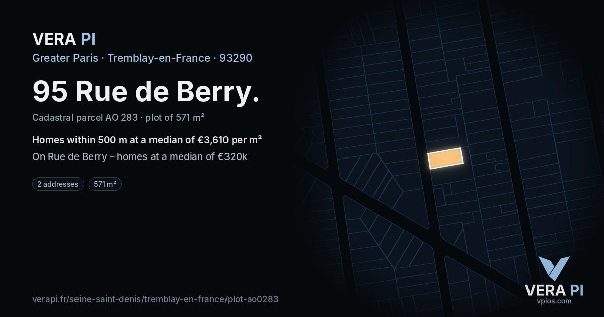 95 Rue de Berry, Tremblay-en-France at night – the plot lit, the parcels around coloured by the prices near them
