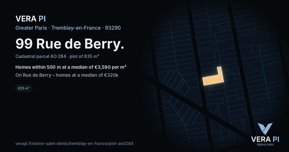 99 Rue de Berry, Tremblay-en-France at night – the plot lit, the parcels around coloured by the prices near them