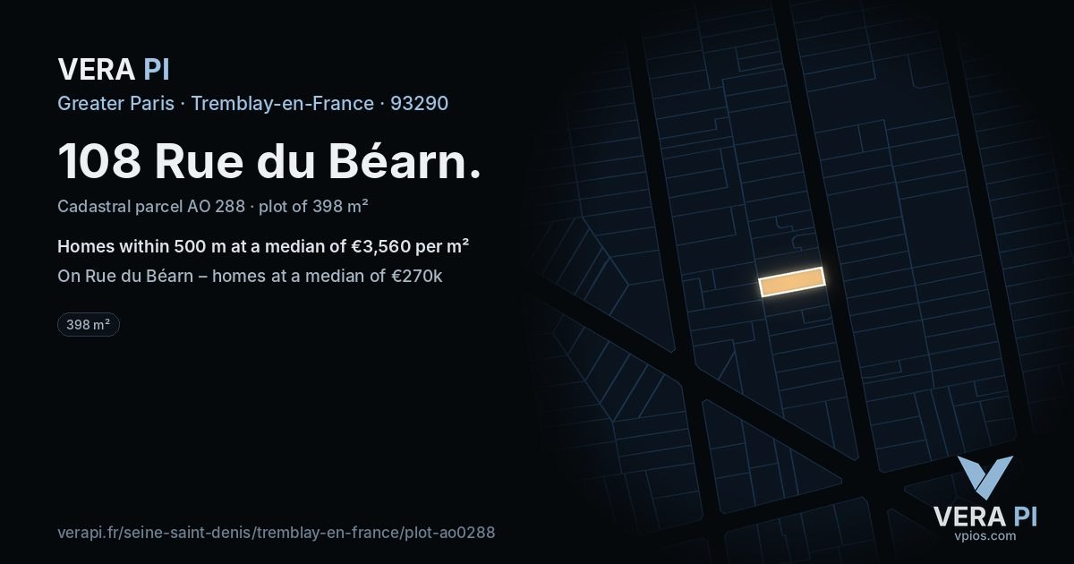 108 Rue du Béarn, Tremblay-en-France at night – the plot lit, the parcels around coloured by the prices near them