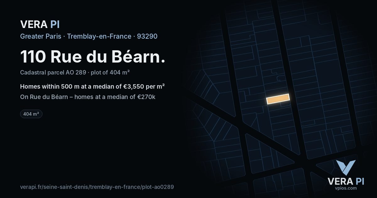 110 Rue du Béarn, Tremblay-en-France at night – the plot lit, the parcels around coloured by the prices near them
