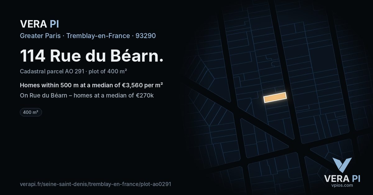 114 Rue du Béarn, Tremblay-en-France at night – the plot lit, the parcels around coloured by the prices near them