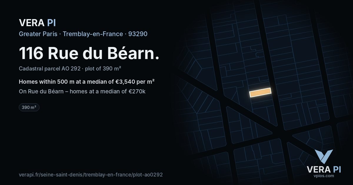 116 Rue du Béarn, Tremblay-en-France at night – the plot lit, the parcels around coloured by the prices near them