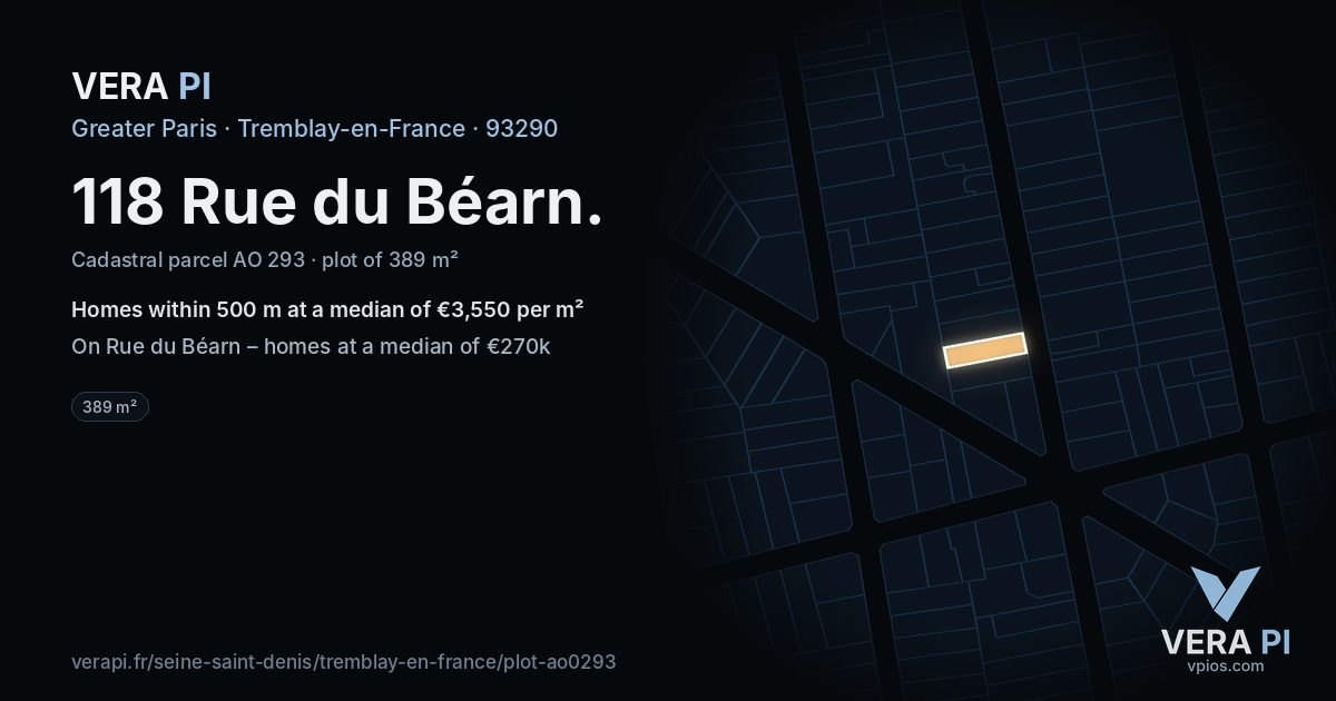 118 Rue du Béarn, Tremblay-en-France at night – the plot lit, the parcels around coloured by the prices near them
