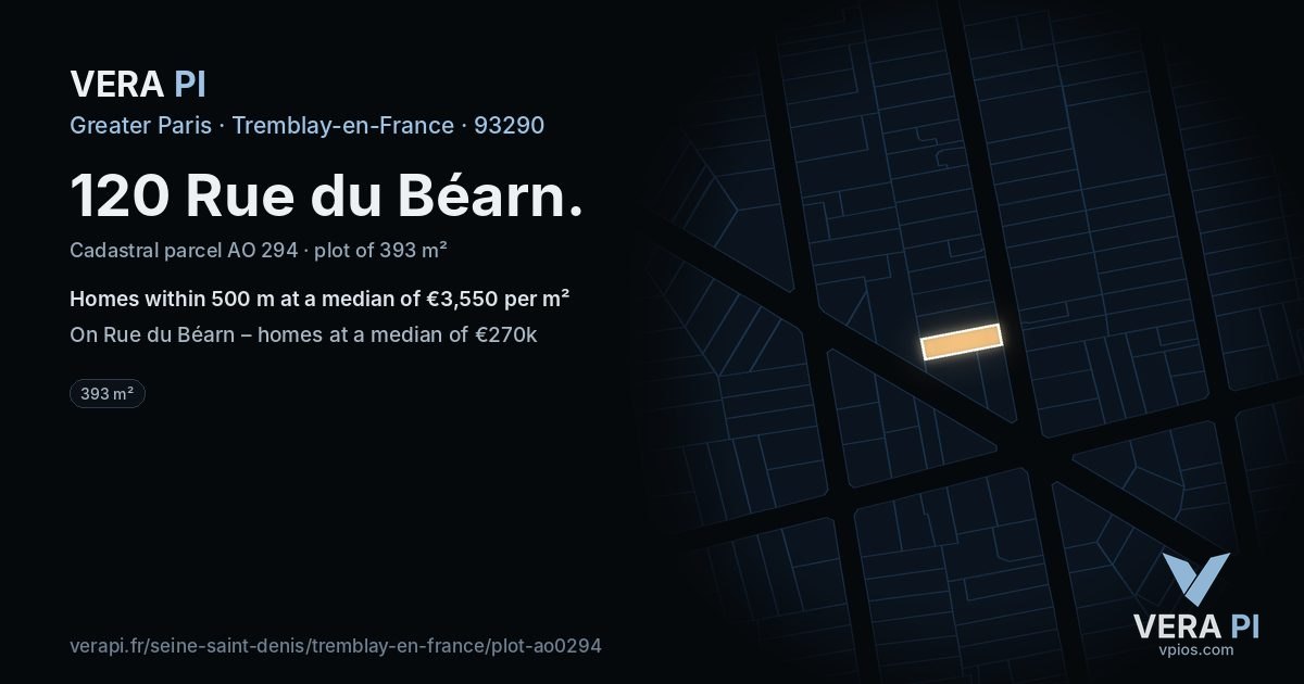 120 Rue du Béarn, Tremblay-en-France at night – the plot lit, the parcels around coloured by the prices near them