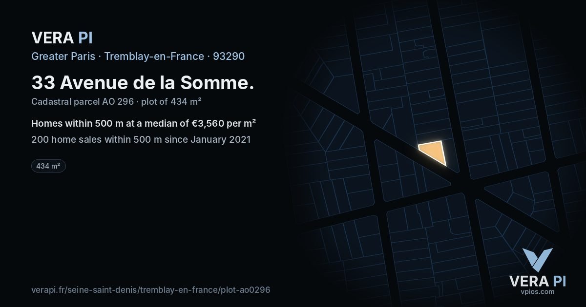 33 Avenue de la Somme, Tremblay-en-France at night – the plot lit, the parcels around coloured by the prices near them