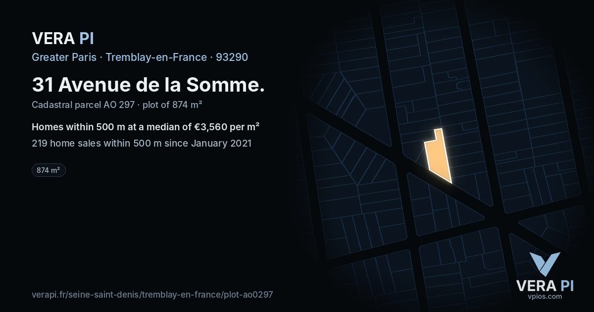 31 Avenue de la Somme, Tremblay-en-France at night – the plot lit, the parcels around coloured by the prices near them