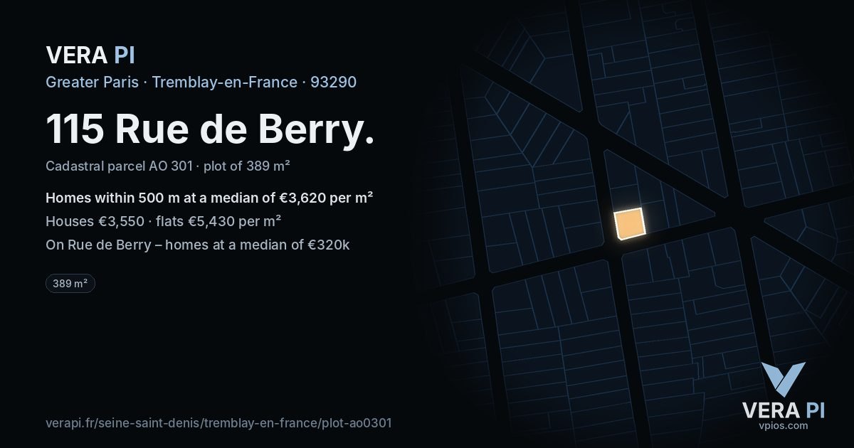 115 Rue de Berry, Tremblay-en-France at night – the plot lit, the parcels around coloured by the prices near them