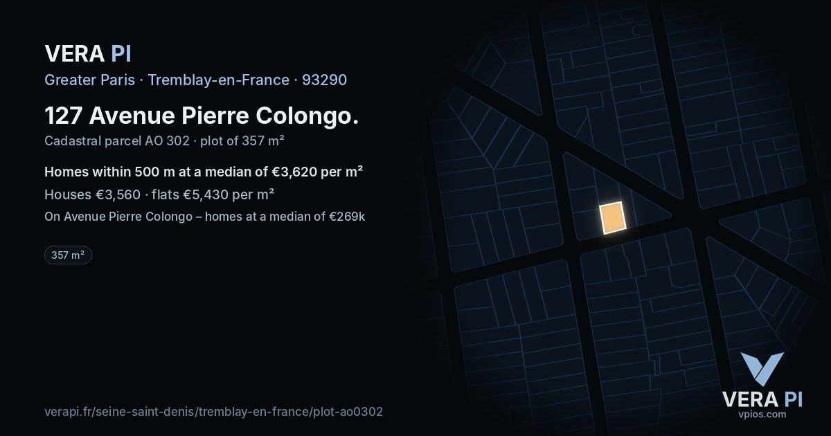 127 Avenue Pierre Colongo, Tremblay-en-France at night – the plot lit, the parcels around coloured by the prices near them