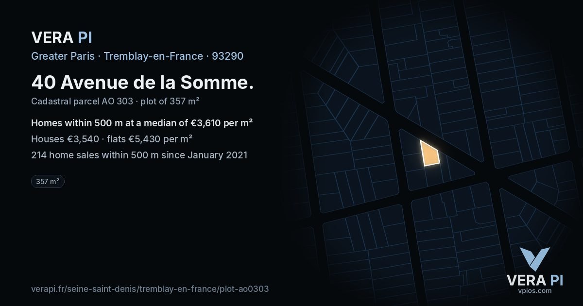40 Avenue de la Somme, Tremblay-en-France at night – the plot lit, the parcels around coloured by the prices near them