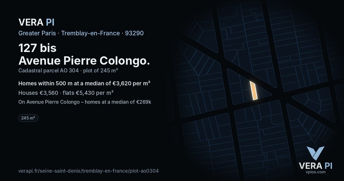 127 bis Avenue Pierre Colongo, Tremblay-en-France at night – the plot lit, the parcels around coloured by the prices near them