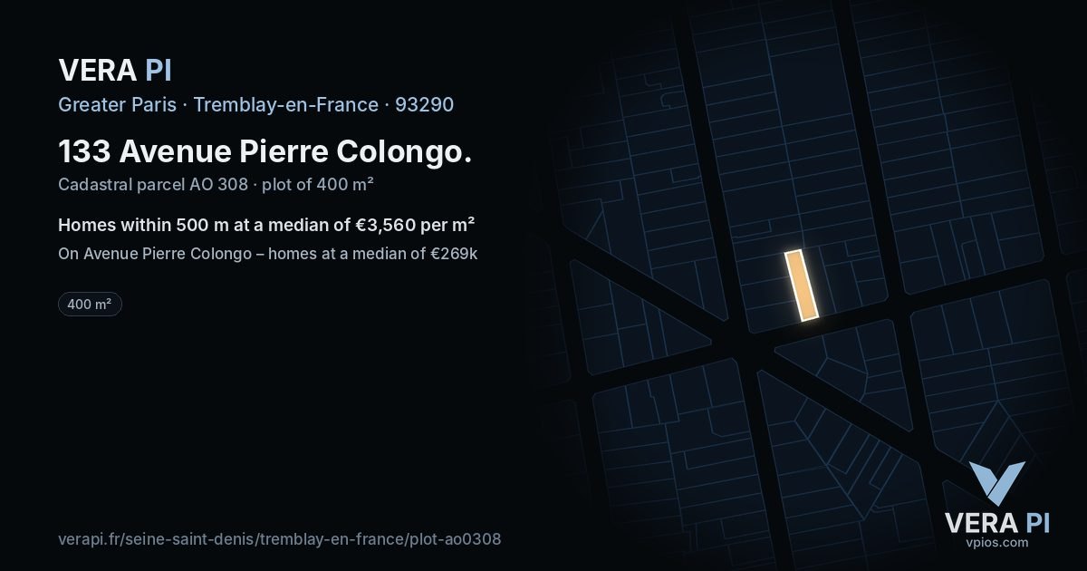 133 Avenue Pierre Colongo, Tremblay-en-France at night – the plot lit, the parcels around coloured by the prices near them