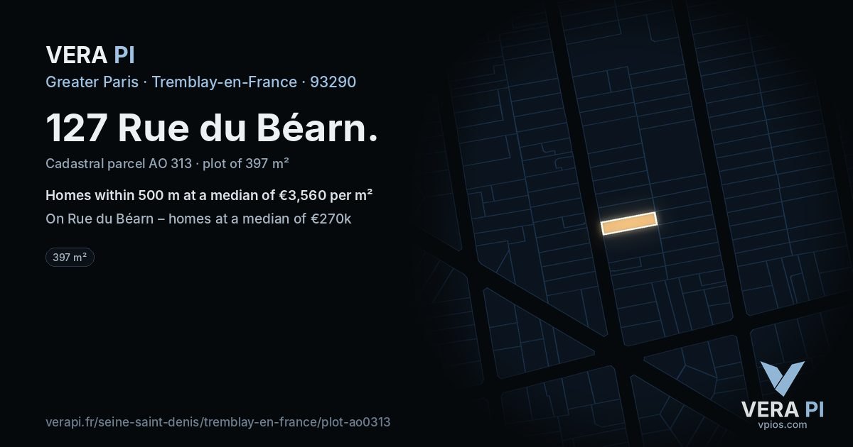 127 Rue du Béarn, Tremblay-en-France at night – the plot lit, the parcels around coloured by the prices near them