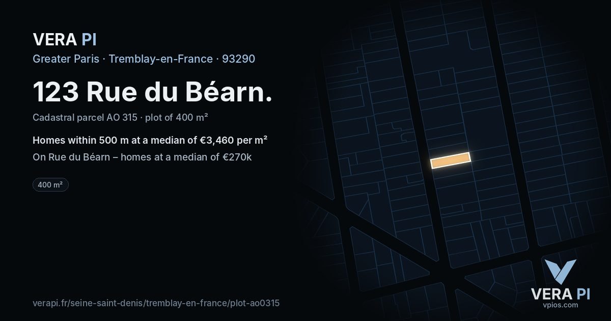 123 Rue du Béarn, Tremblay-en-France at night – the plot lit, the parcels around coloured by the prices near them