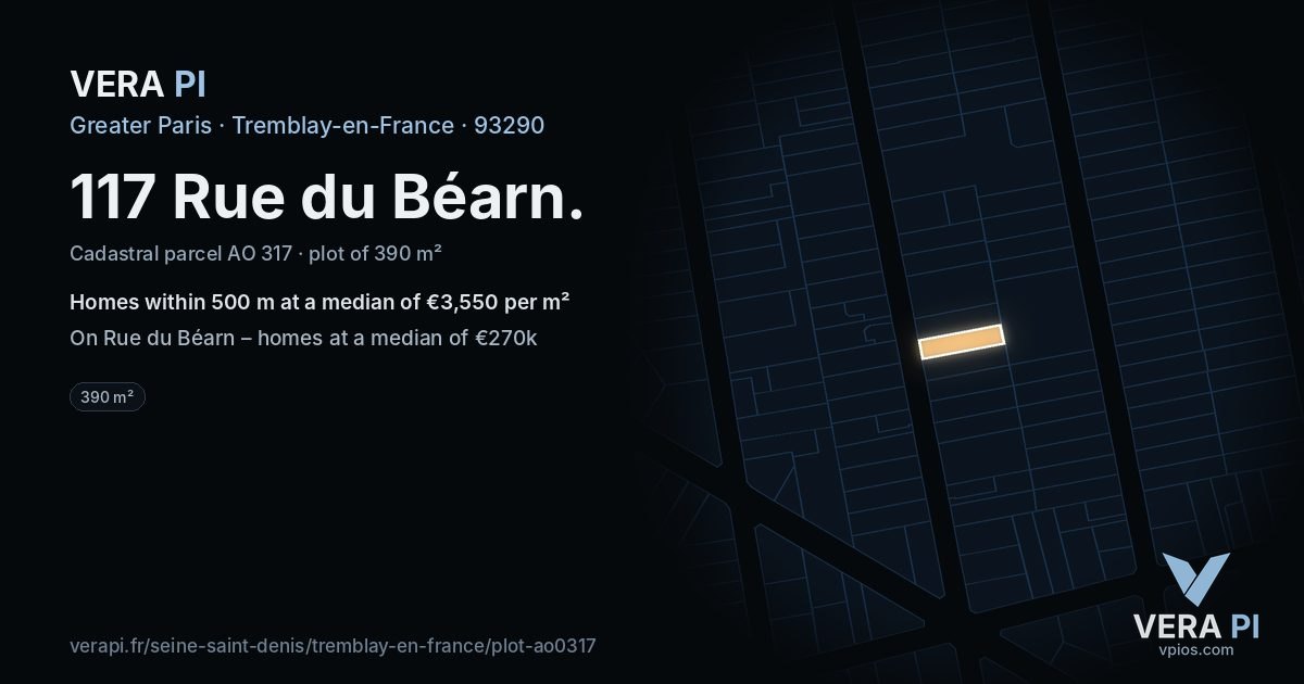 117 Rue du Béarn, Tremblay-en-France at night – the plot lit, the parcels around coloured by the prices near them