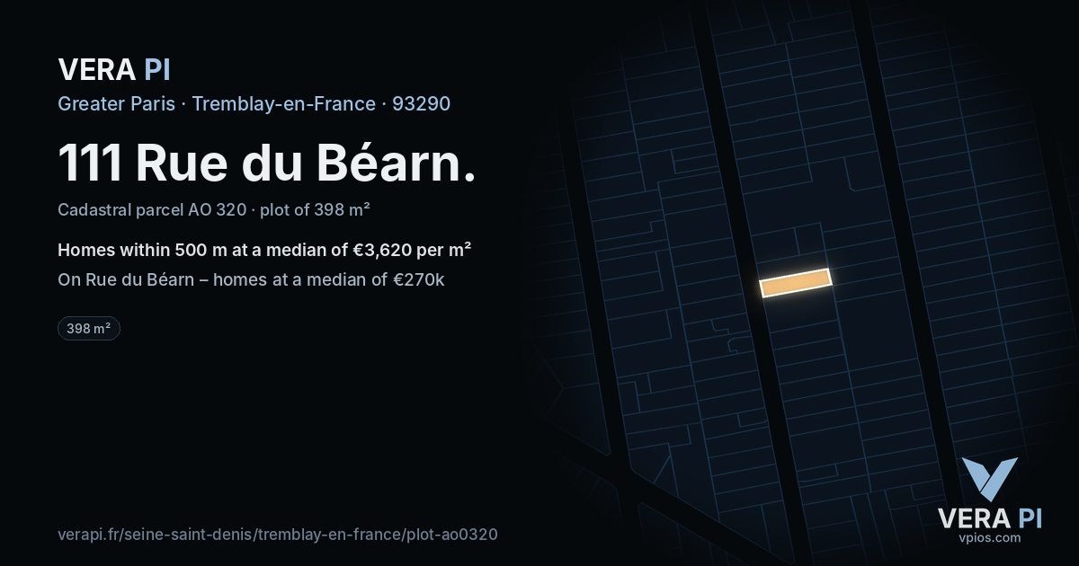111 Rue du Béarn, Tremblay-en-France at night – the plot lit, the parcels around coloured by the prices near them