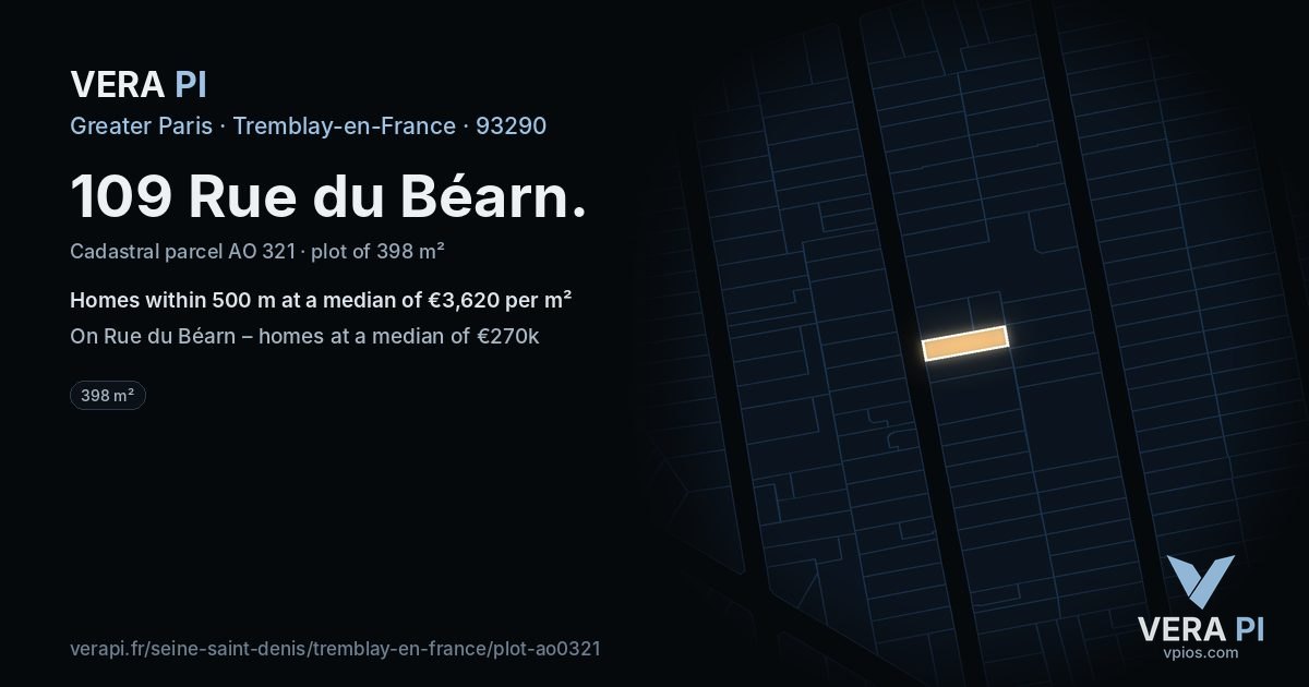 109 Rue du Béarn, Tremblay-en-France at night – the plot lit, the parcels around coloured by the prices near them