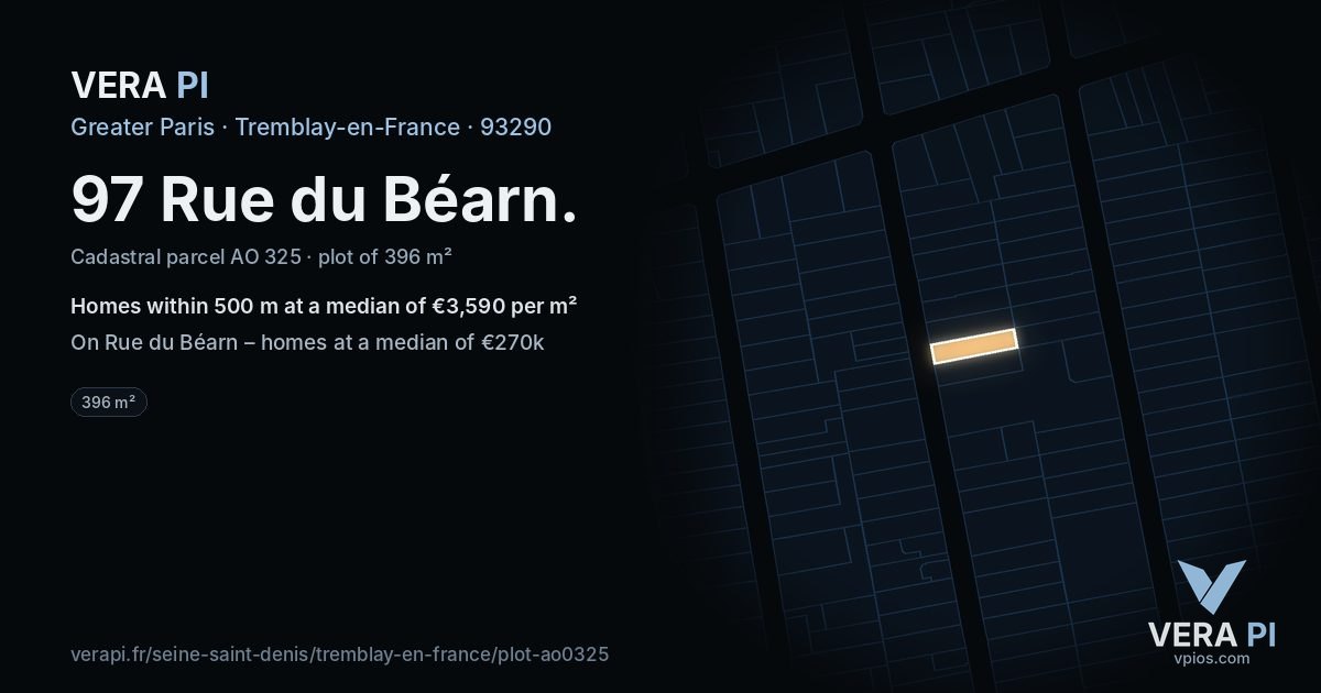 97 Rue du Béarn, Tremblay-en-France at night – the plot lit, the parcels around coloured by the prices near them