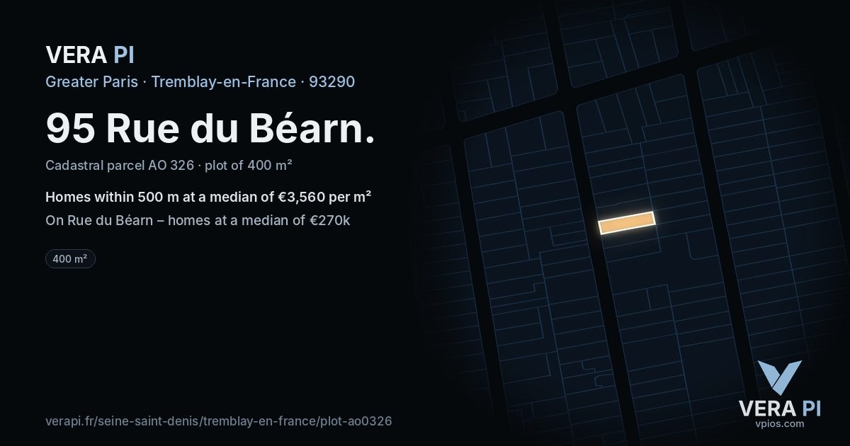 95 Rue du Béarn, Tremblay-en-France at night – the plot lit, the parcels around coloured by the prices near them