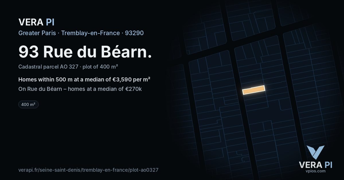 93 Rue du Béarn, Tremblay-en-France at night – the plot lit, the parcels around coloured by the prices near them