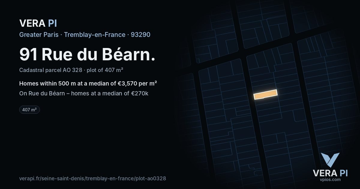 91 Rue du Béarn, Tremblay-en-France at night – the plot lit, the parcels around coloured by the prices near them